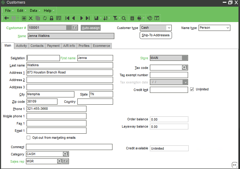 NCR Customer Main Screen