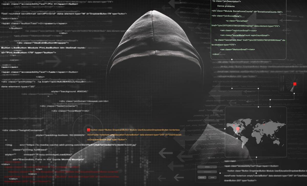 A hooded figure with a graphic overlay of computer code, depicting cyber threats